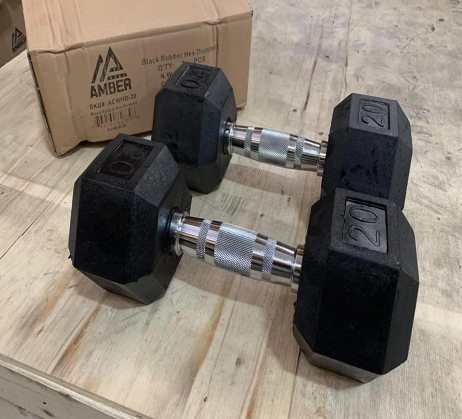 Barbell Rubber encased Hex Dumbbell Weights with Metal Handles for